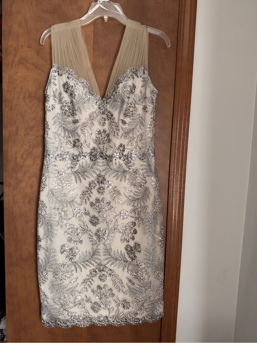 Tadashi Shoji Cream Mini Dress with Silver Sequin Embroidery
